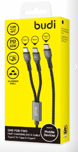 کابل شارژ کنفی یک به دو USB-C به USB-C بودی مدل Budi DC210C2C12B طول 1.2 متر با گارانتی ۱۸ ماهه شرکتی (۶ ماه تعویض)