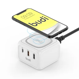 شارژر دیواری 32 وات بودی مدل Budi M8J317TEW با 2 خروجی USB، یک خروجی USB-C و شارژر بی سیم با گارانتی ۱۸ ماهه شرکتی (۶ ماه تعویض)