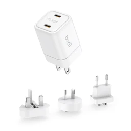 شارژر دیواری 33 وات بودی مدل Budi AC016RSW با 2 خروجی USB-C با گارانتی ۱۸ ماهه شرکتی (۶ ماه تعویض)