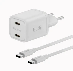 شارژر دیواری 33 وات بودی مدل Budi AC016RETTW با خروجی USB-C به همراه کابل USB-C به USB-C با گارانتی ۱۸ ماهه شرکتی (۶ ماه تعویض)