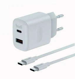 شارژر دیواری 30 وات بودی مدل Budi AC306ETTW30 با خروجی USB و USB-C به همراه کابل USB-C به USB-C با گارانتی ۱۸ ماهه شرکتی (۶ ماه تعویض)