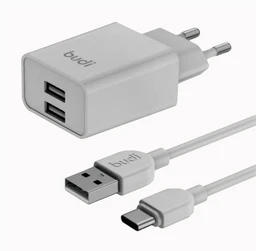 شارژر دیواری 12 وات بودی مدل Budi AC356ETW با خروجی USB به همراه کابل USB به USB-C با گارانتی ۱۸ ماهه شرکتی (۶ ماه تعویض)