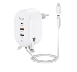 شارژر دیواری 30 وات بودی مدل Budi M8J312TE با خروجی USB و USB-C و کابل تبدیل USB-C به microUSB/لایتنینگ به با گارانتی ۱۸ ماهه شرکتی (۶ ماه تعویض)