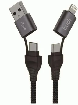 کابل شارژ کنفی ۴ کاره USB/USB-C به لایتنینگ/USB-C بودی مدل Budi DC225CL10B طول 1 متر با گارانتی ۱۸ ماهه شرکتی (۶ ماه تعویض)
