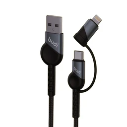 کابل شارژ کنفی USB به USB-C / لایتنینگ بودی مدل Budi DC231TL10B طول 1 متر با گارانتی ۱۸ ماهه شرکتی (۶ ماه تعویض)