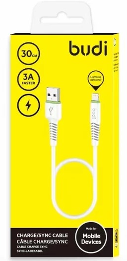 کابل شارژ USB به لایتنینگ بودی مدل Budi DC150L03 طول 0.3 متر با گارانتی ۱۸ ماهه شرکتی (۶ ماه تعویض)