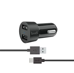 شارژر فندکی 24 وات بودی مدل Budi M8J622TB با 2 خروجی USB به همراه کابل USB به USB-C با گارانتی ۱۸ ماهه شرکتی (۶ ماه تعویض)