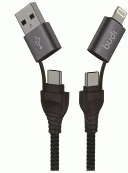 کابل شارژ کنفی ۴ کاره USB/USB-C به لایتنینگ/USB-C بودی مدل Budi DC225CL10B طول 1 متر با گارانتی ۱۸ ماهه شرکتی (۶ ماه تعویض)