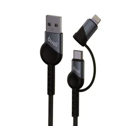 کابل شارژ کنفی USB به USB-C / لایتنینگ بودی مدل Budi DC231TL10B طول 1 متر با گارانتی ۱۸ ماهه شرکتی (۶ ماه تعویض)
