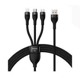 کابل شارژ یک به سه USB به microUSB/USB-C/لایتنینگ باسئوس مدل Baseus Flash Series Ⅱ One-for-three Fast Charging Data Cable USB to M L C 66W طول 1.2 متر با گارانتی 24 ماهه شرکتی
