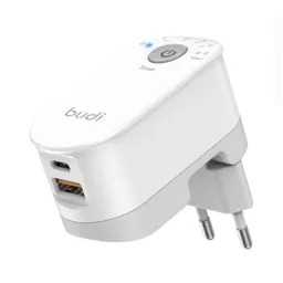 شارژر دیواری 18 وات بودی تایمردار مدل Budi M8J030TE با خروجی USB و USB-C با گارانتی ۱۸ ماهه شرکتی (۶ ماه  تعویض)